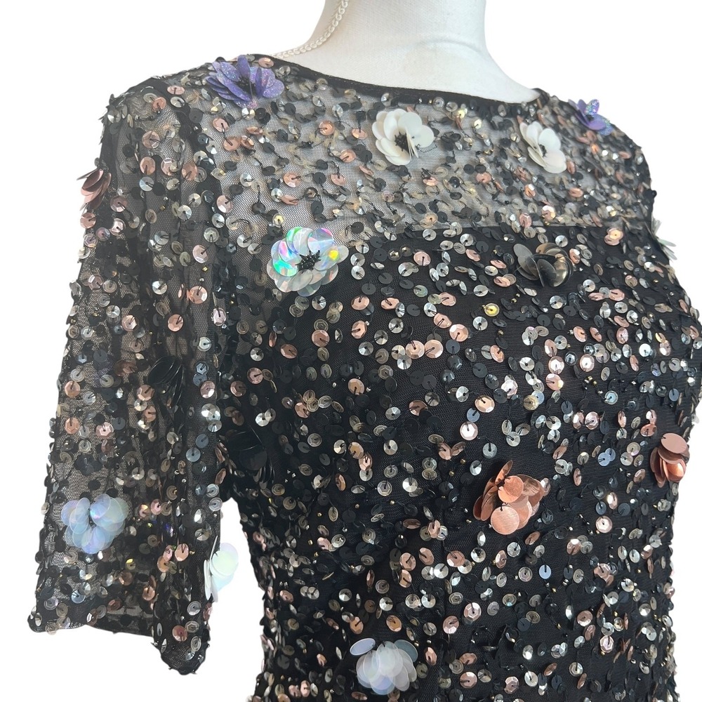 Adrianna Papell Black Floral Sequin Cocktail Sheath Dress 3D Applique Party 6‎